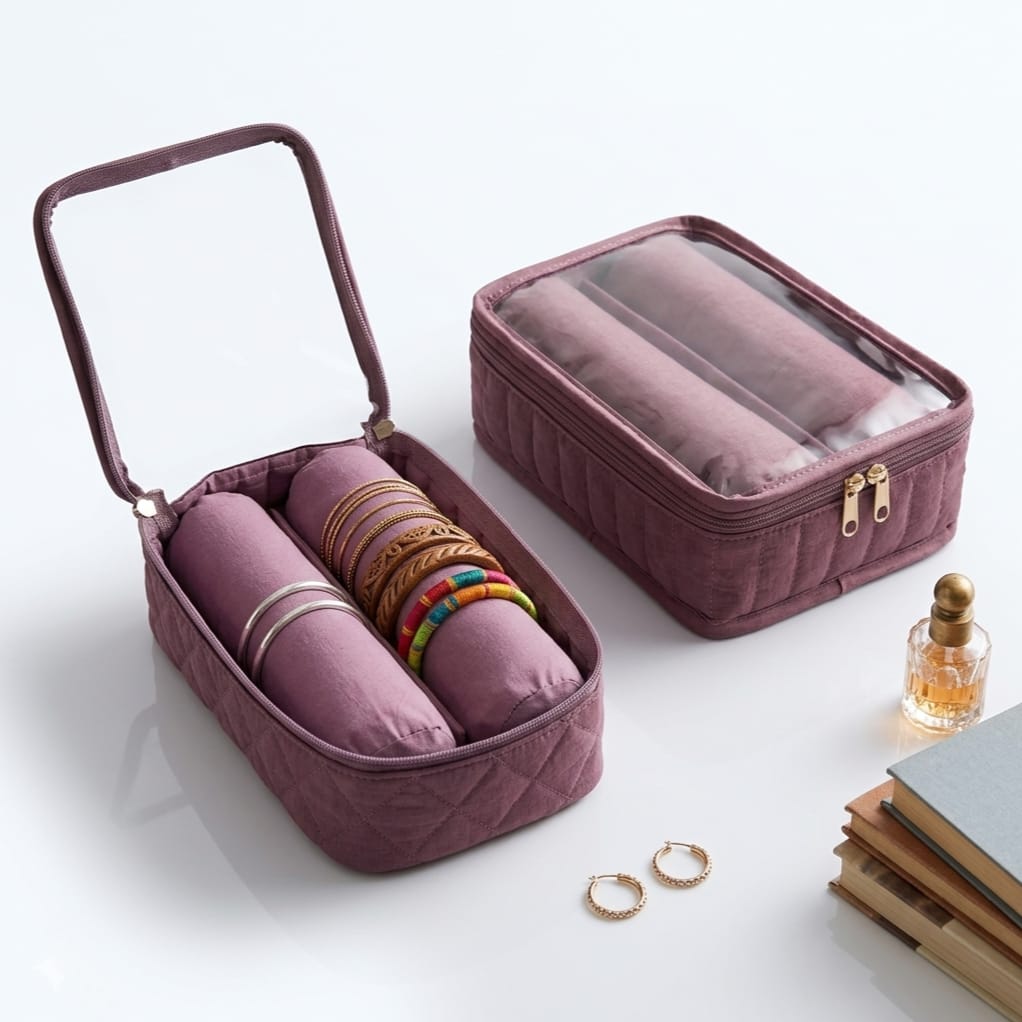 Quilted Bangle Organizer Storage Case with Transparent Lid